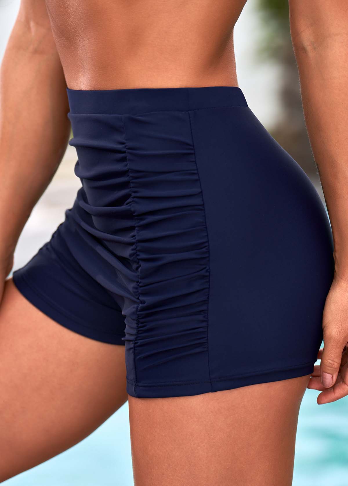 Navy Blue Ruched High Waisted Swim Shorts