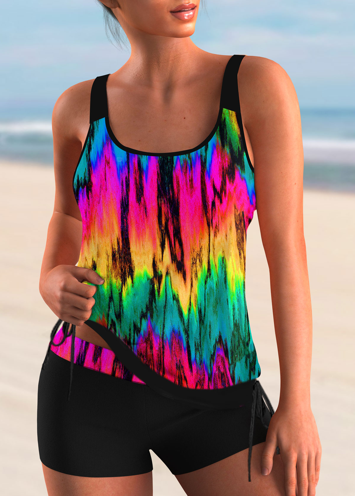 Colorful Printed Spaghetti Strap Tankini Set 