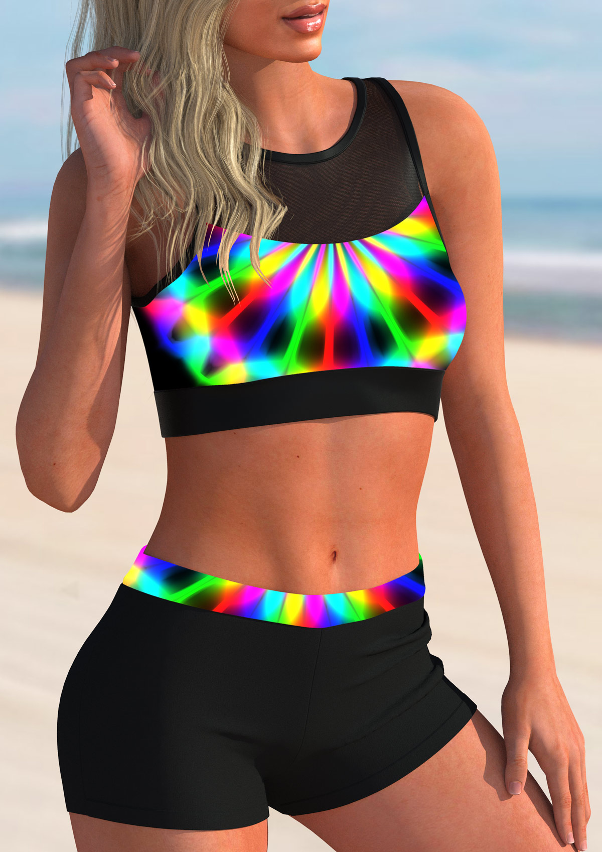 Rainbow Color Printed Mesh Stitching Bikini Set