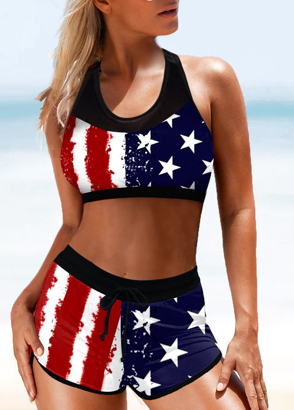 American Flag Print High Waisted Bikini Set