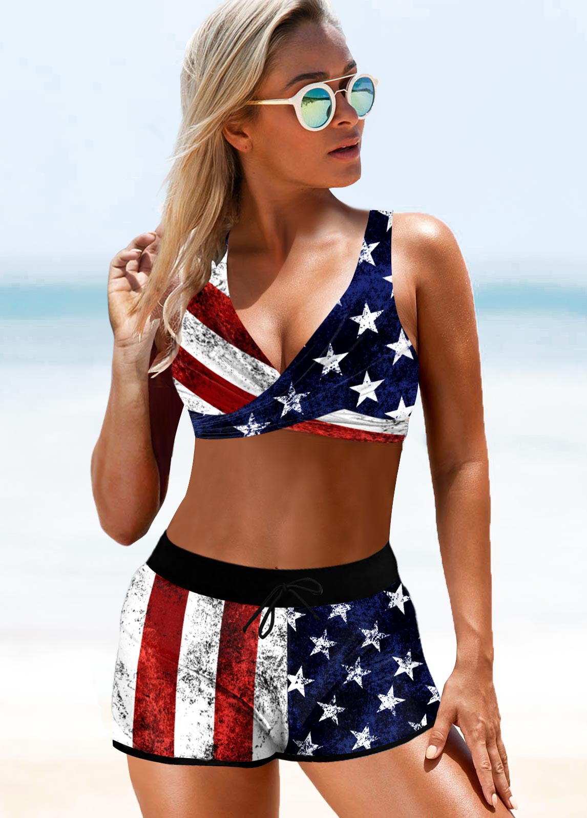 American Flag Print Cross Front Bikini Set 
