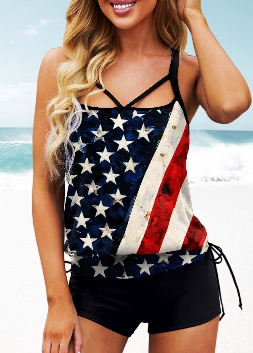 American Flag Print Blouson Tankini Set