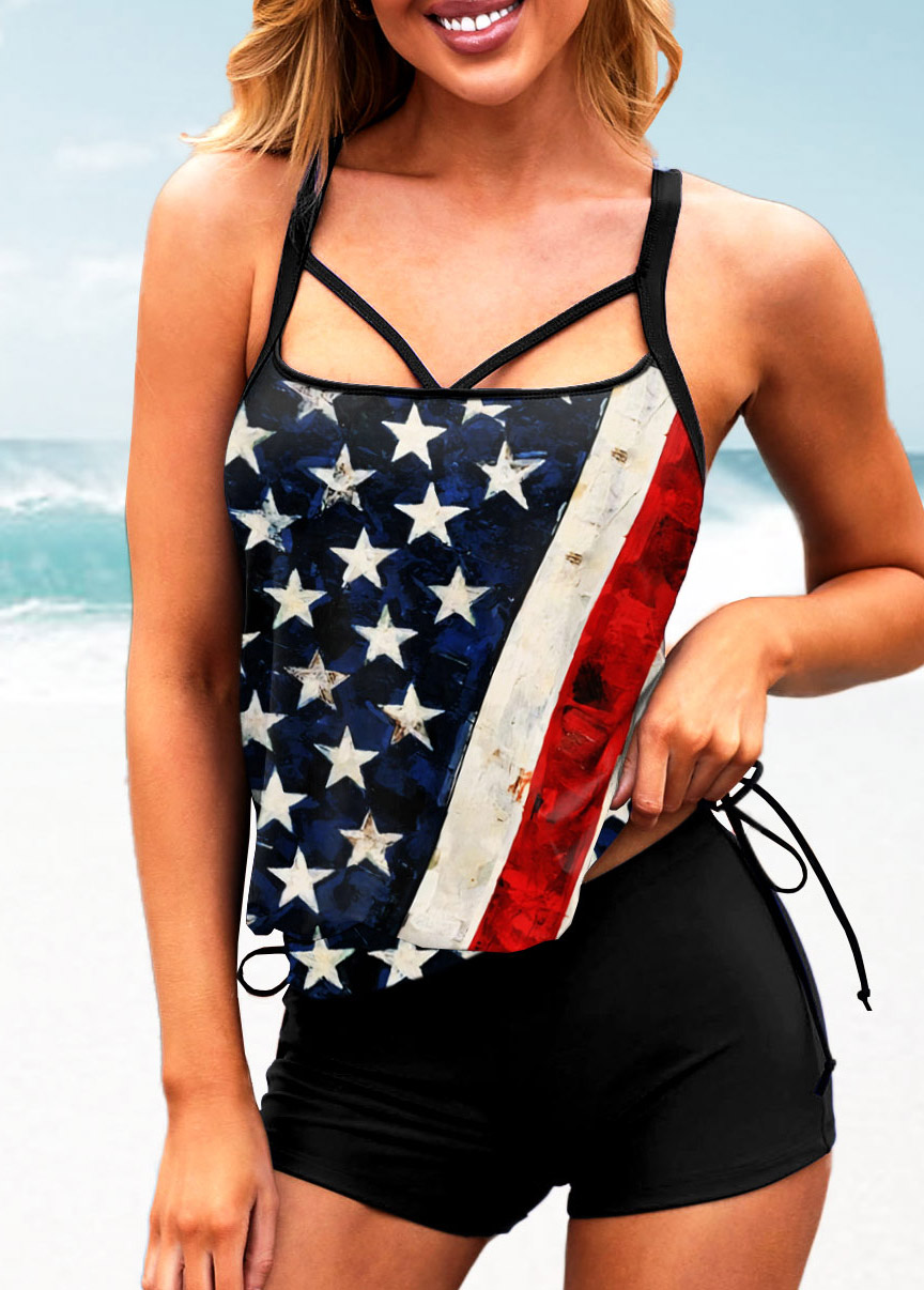 American Flag Print Blouson Tankini Set