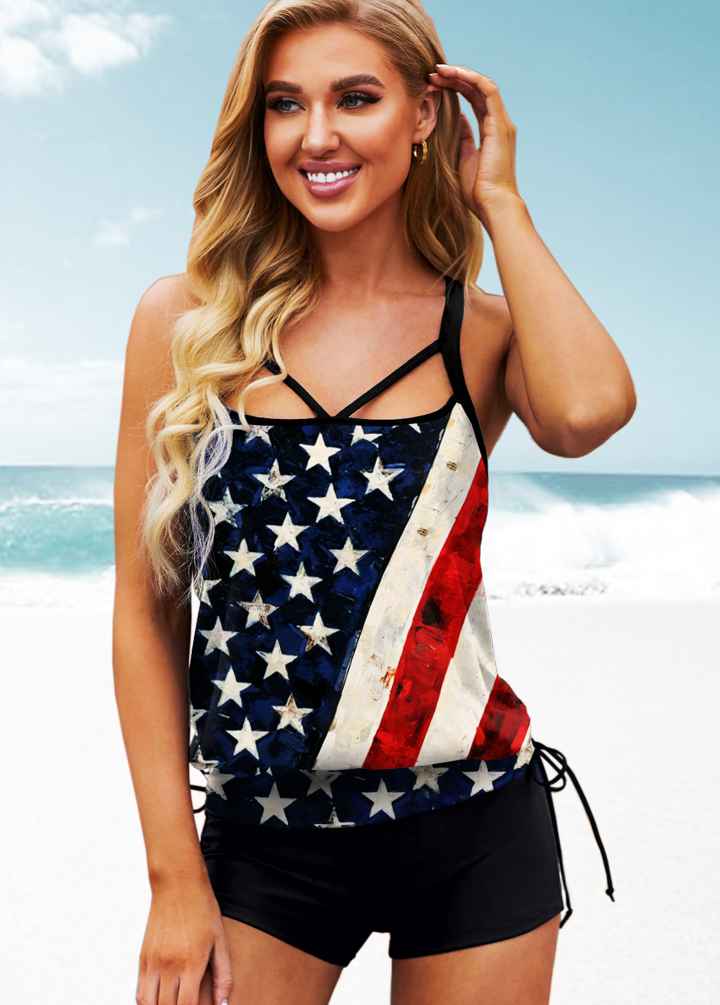 American Flag Print Blouson Tankini Set