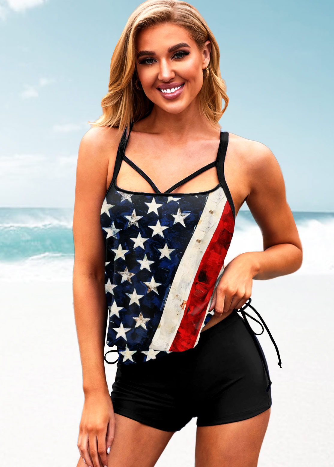 American Flag Print Blouson Tankini Set
