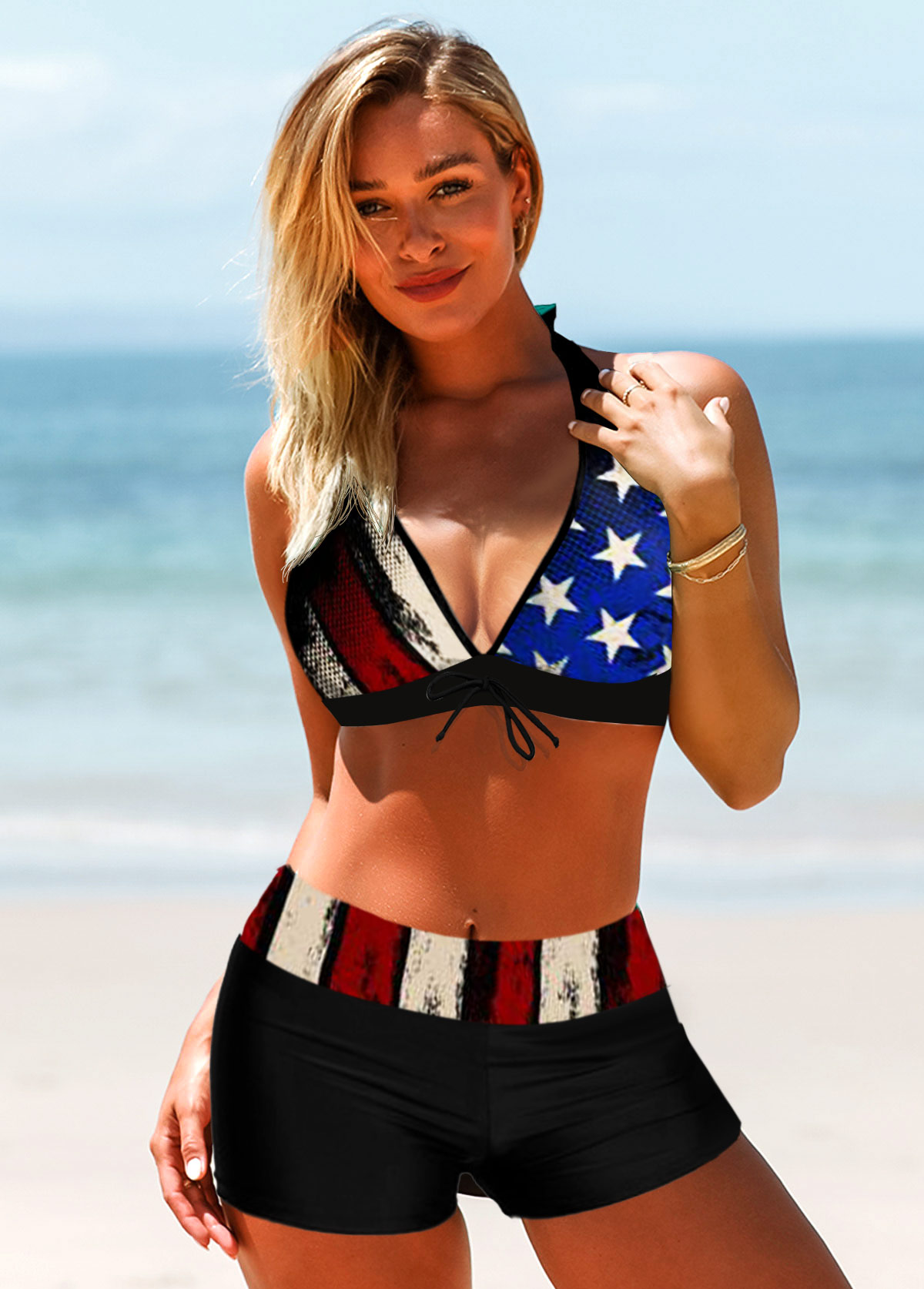 Halter American Flag Print High Waisted Bikini Set