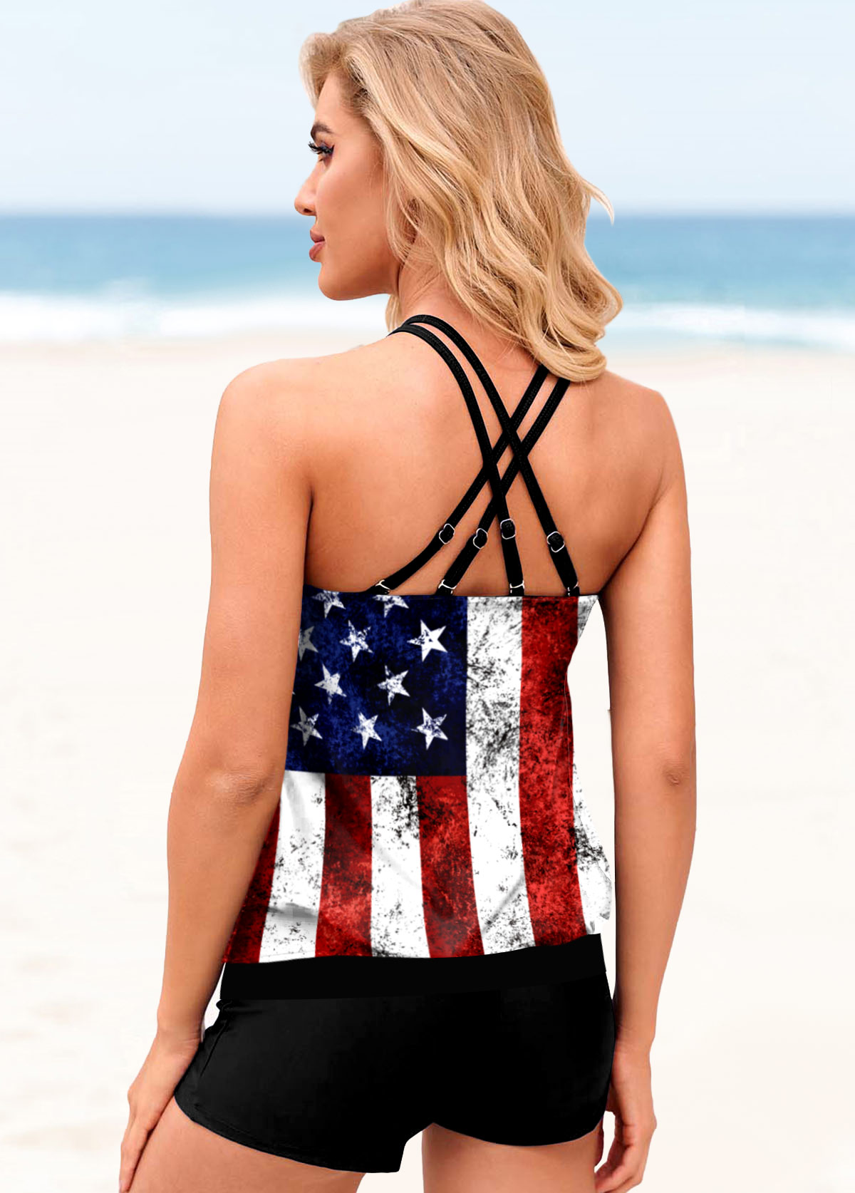 American Flag Print Cross Strap Tankini Set