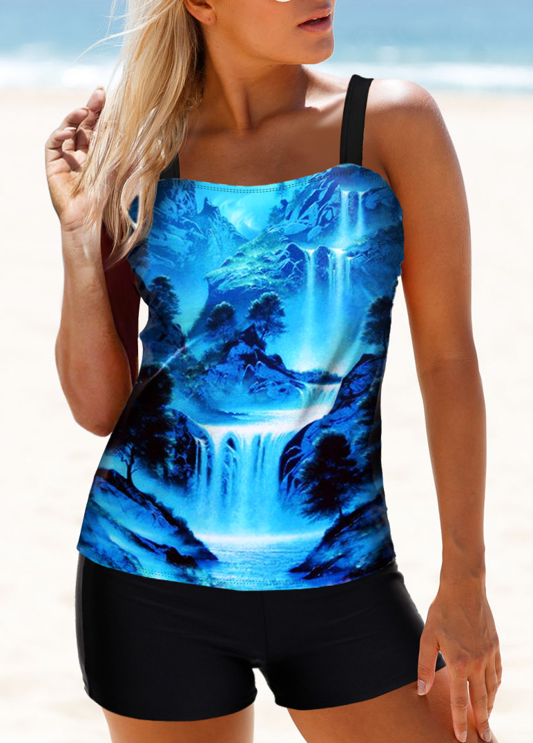 Spaghetti Strap Scape Print Tankini Set