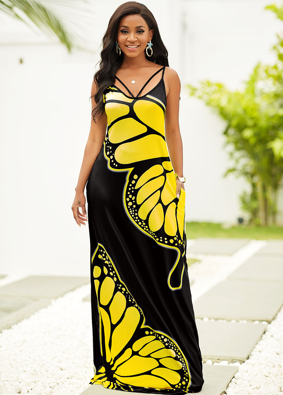 Butterfly Print Spaghetti Strap Maxi Dress