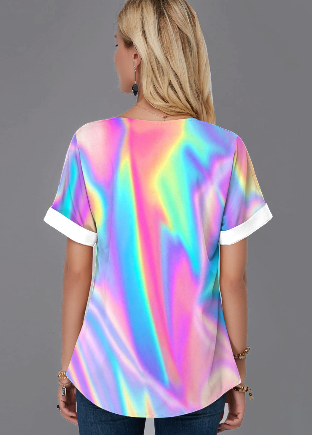 Short Sleeve Colorful Split Neck Blouse