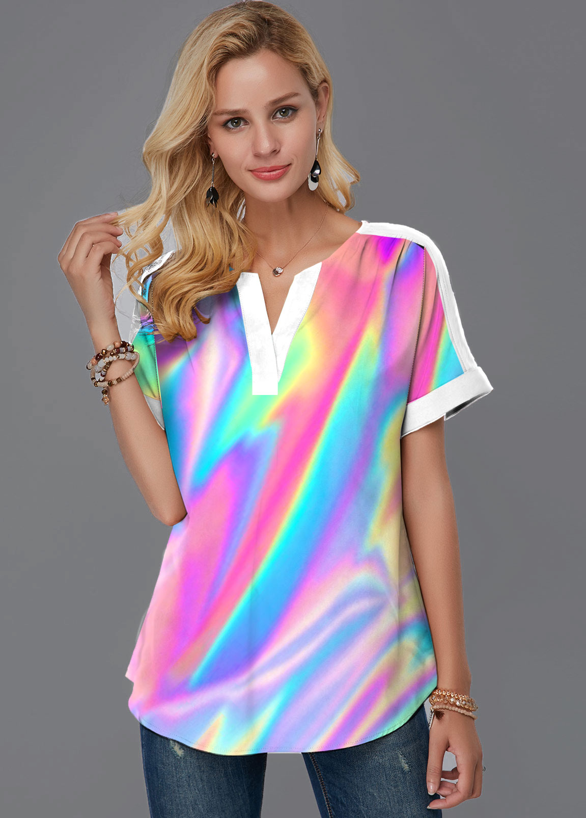 Short Sleeve Colorful Split Neck Blouse
