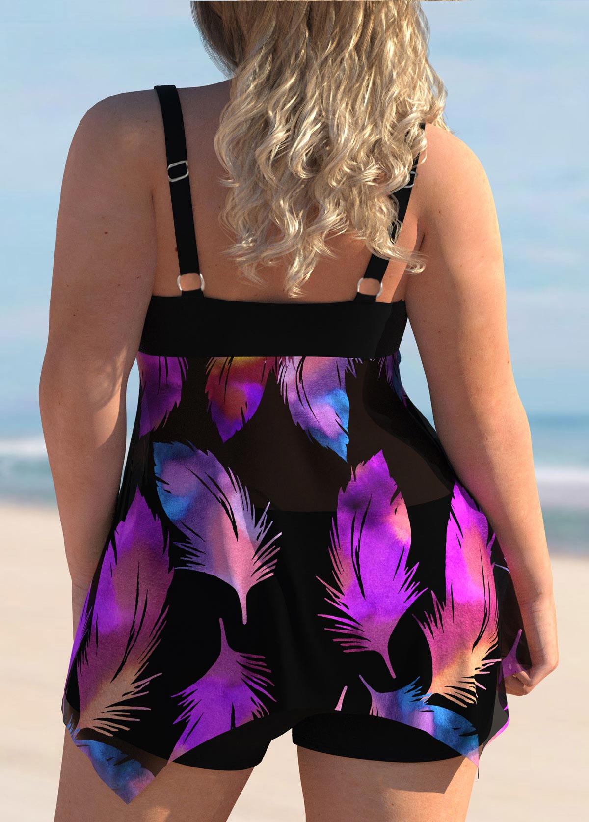 Plus Size Colorful Feathers Print Bowknot Swimdress and Shorts
