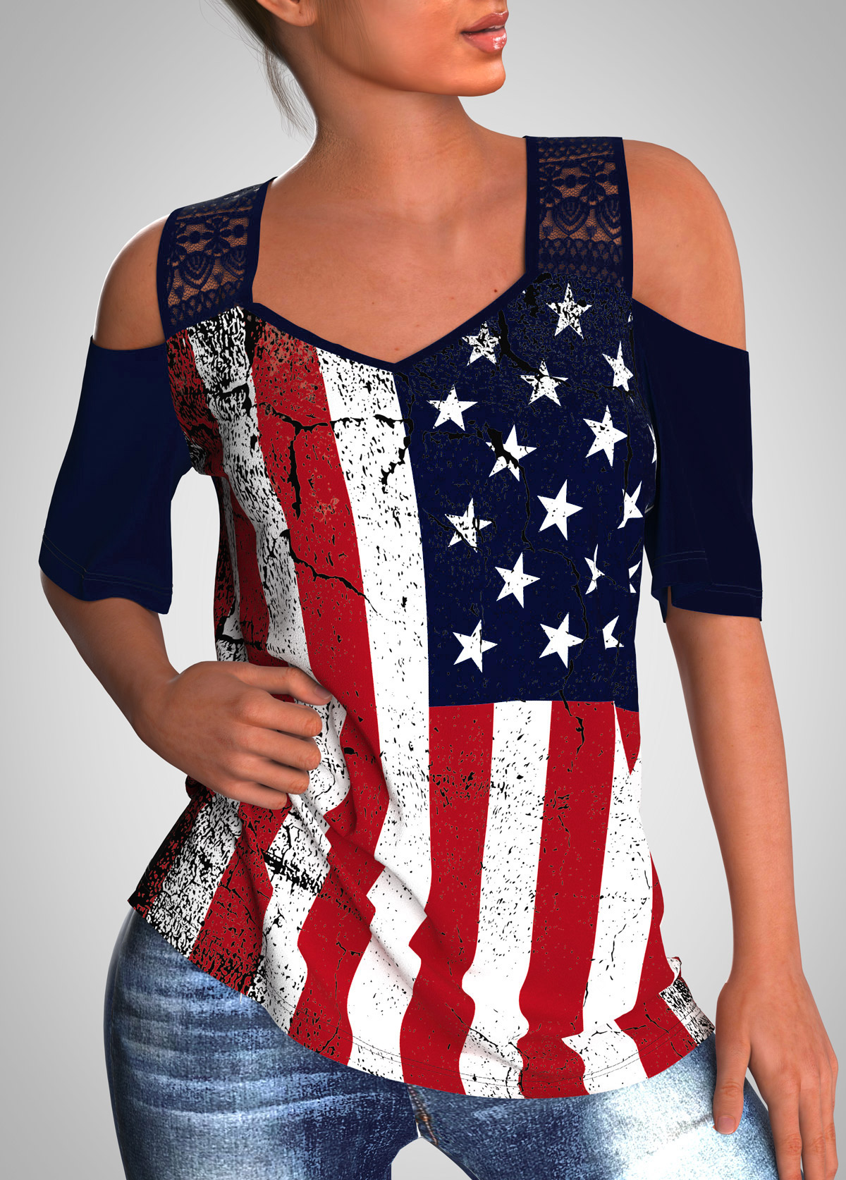 American Flag Print Lace Stitching Cold Shoulder T Shirt