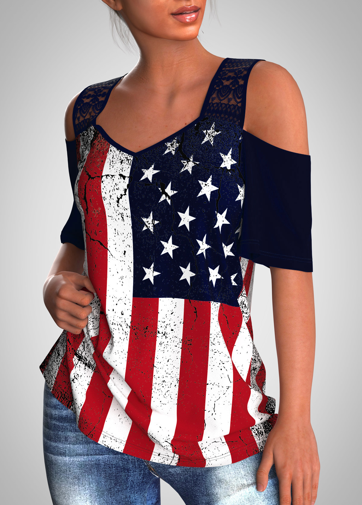 American Flag Print Lace Stitching Cold Shoulder T Shirt