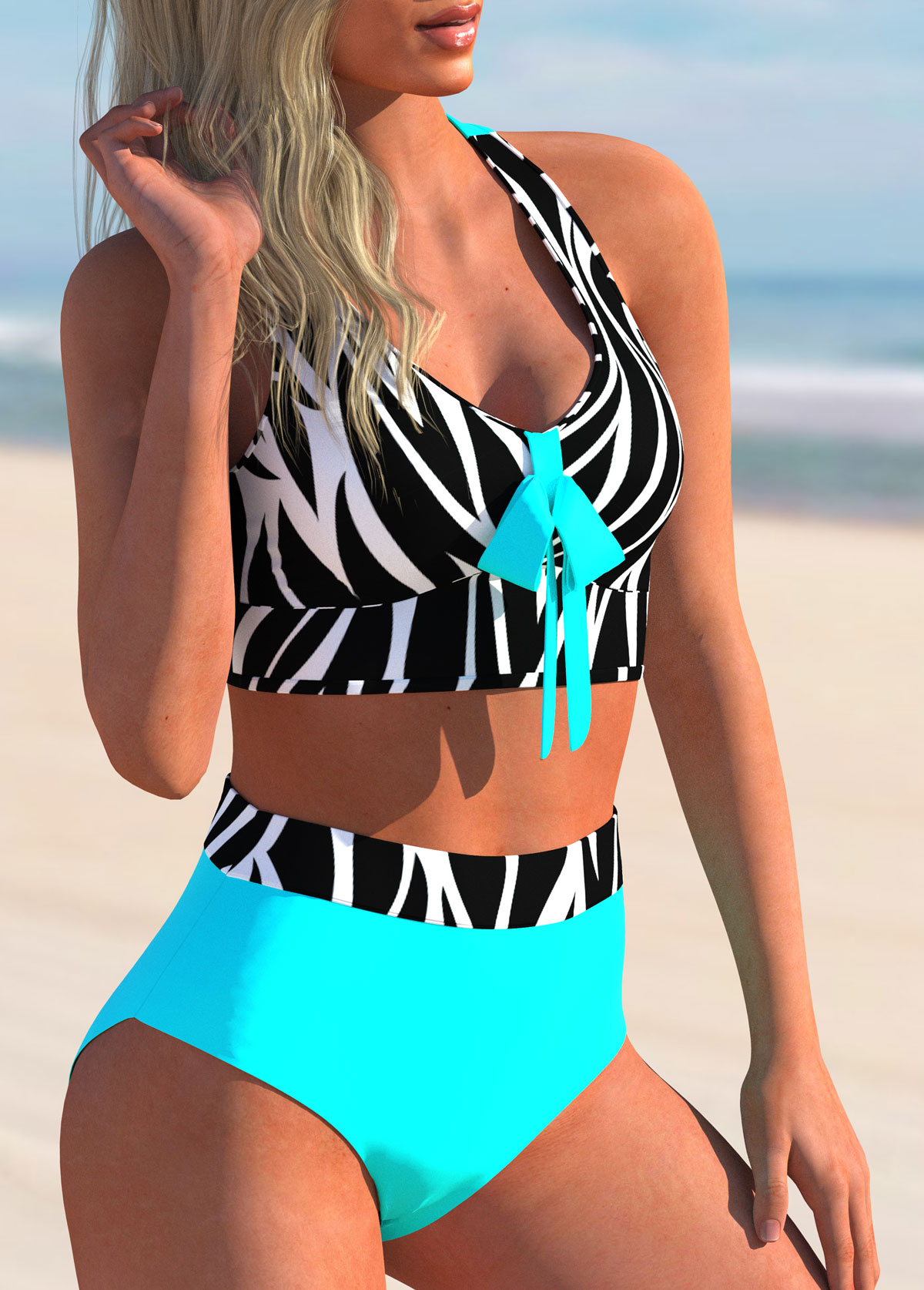 Criss Cross Back Zebra Print Bowknot Bikini Set 