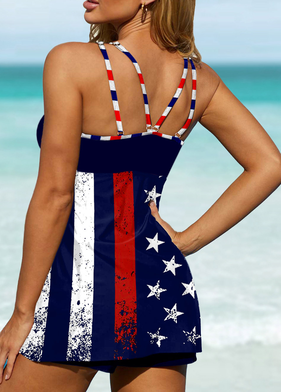 American Flag Print Bowknot Swimdress and Shorts
