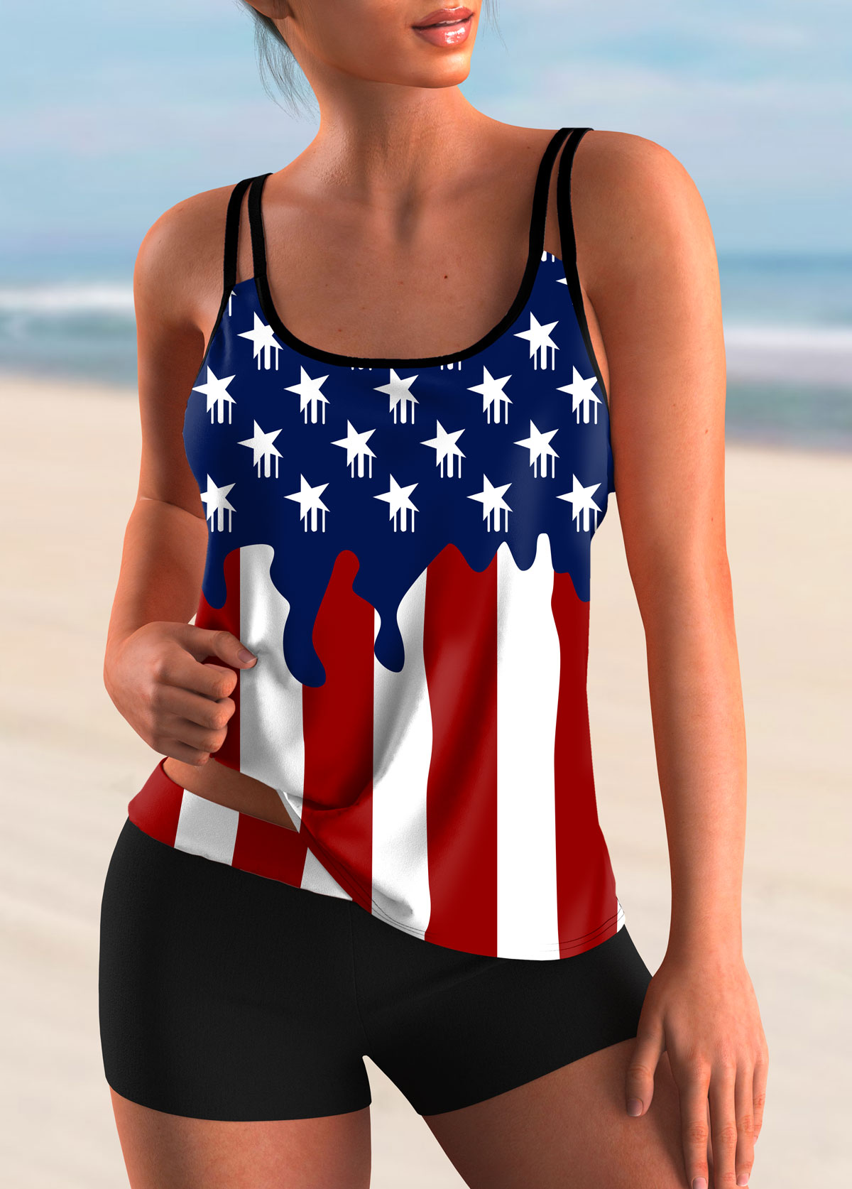 American Flag Print Spaghetti Strap Tankini Set