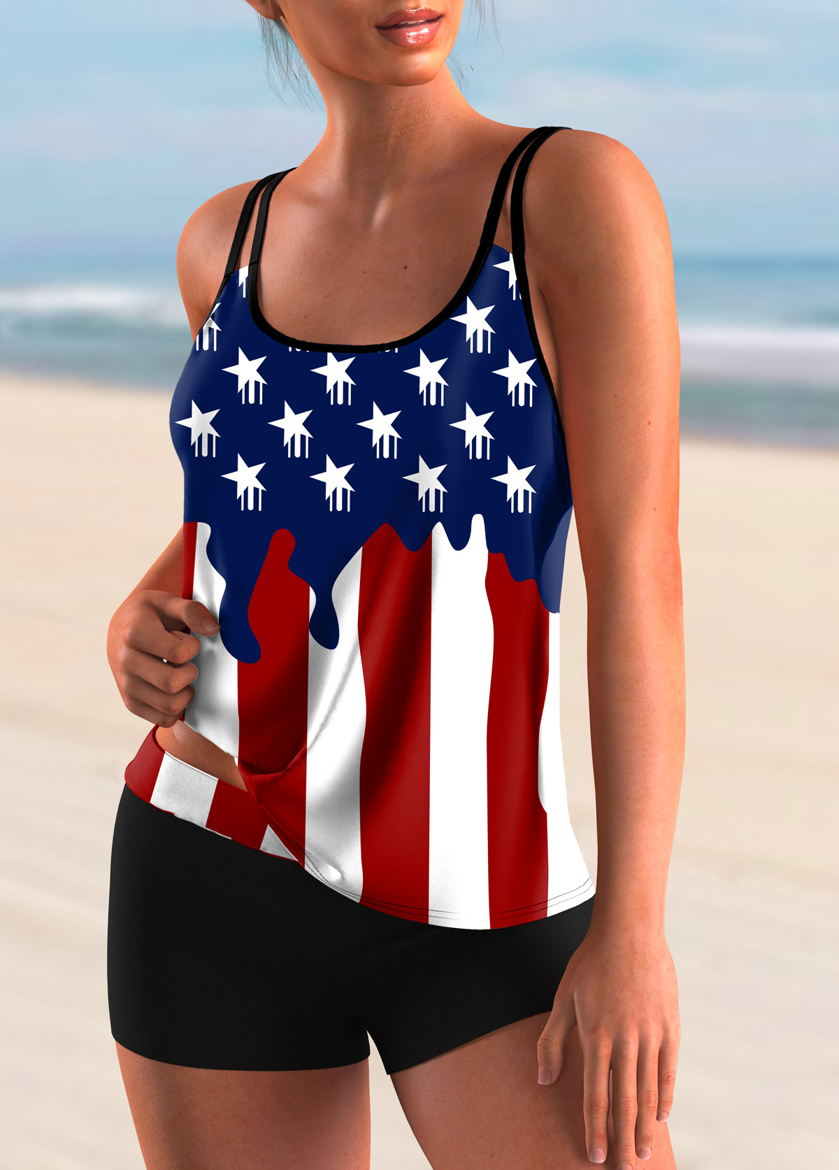 American Flag Print Spaghetti Strap Tankini Set