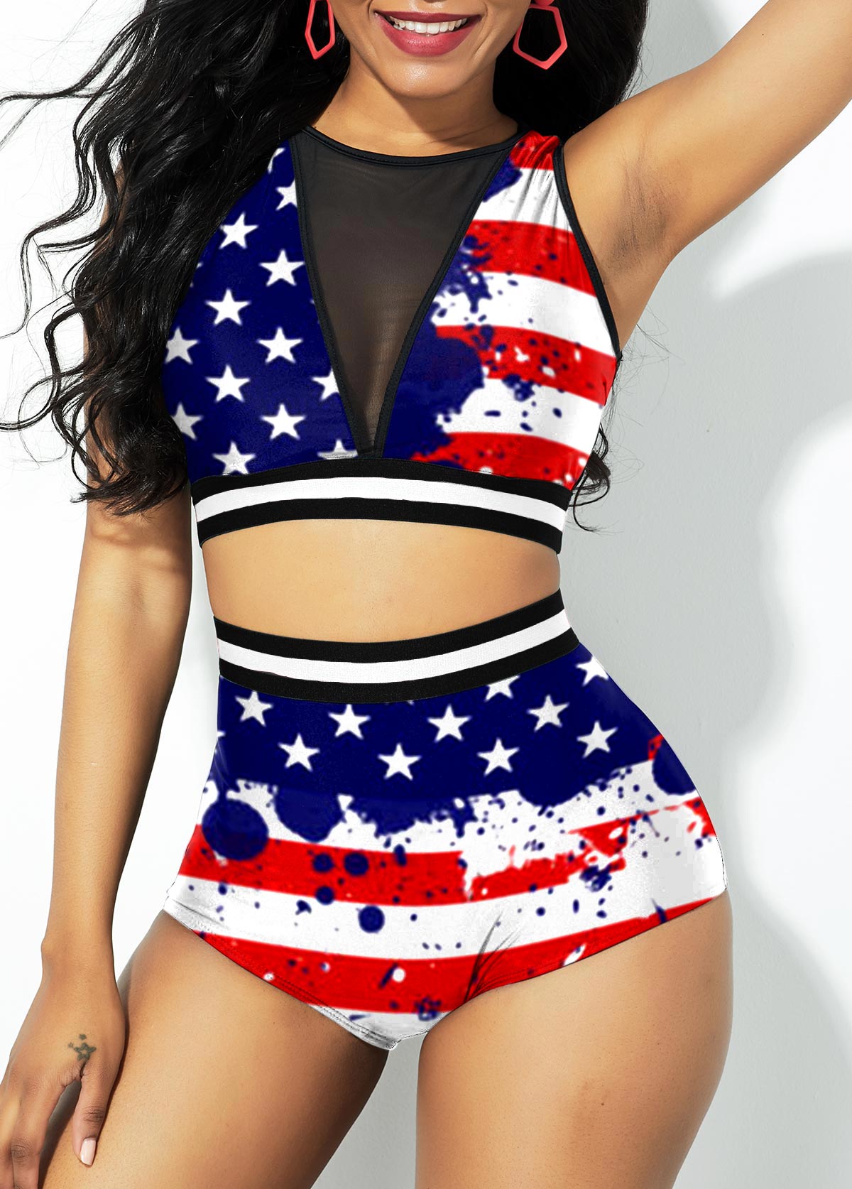 High Waisted American Flag Print Bikini Set