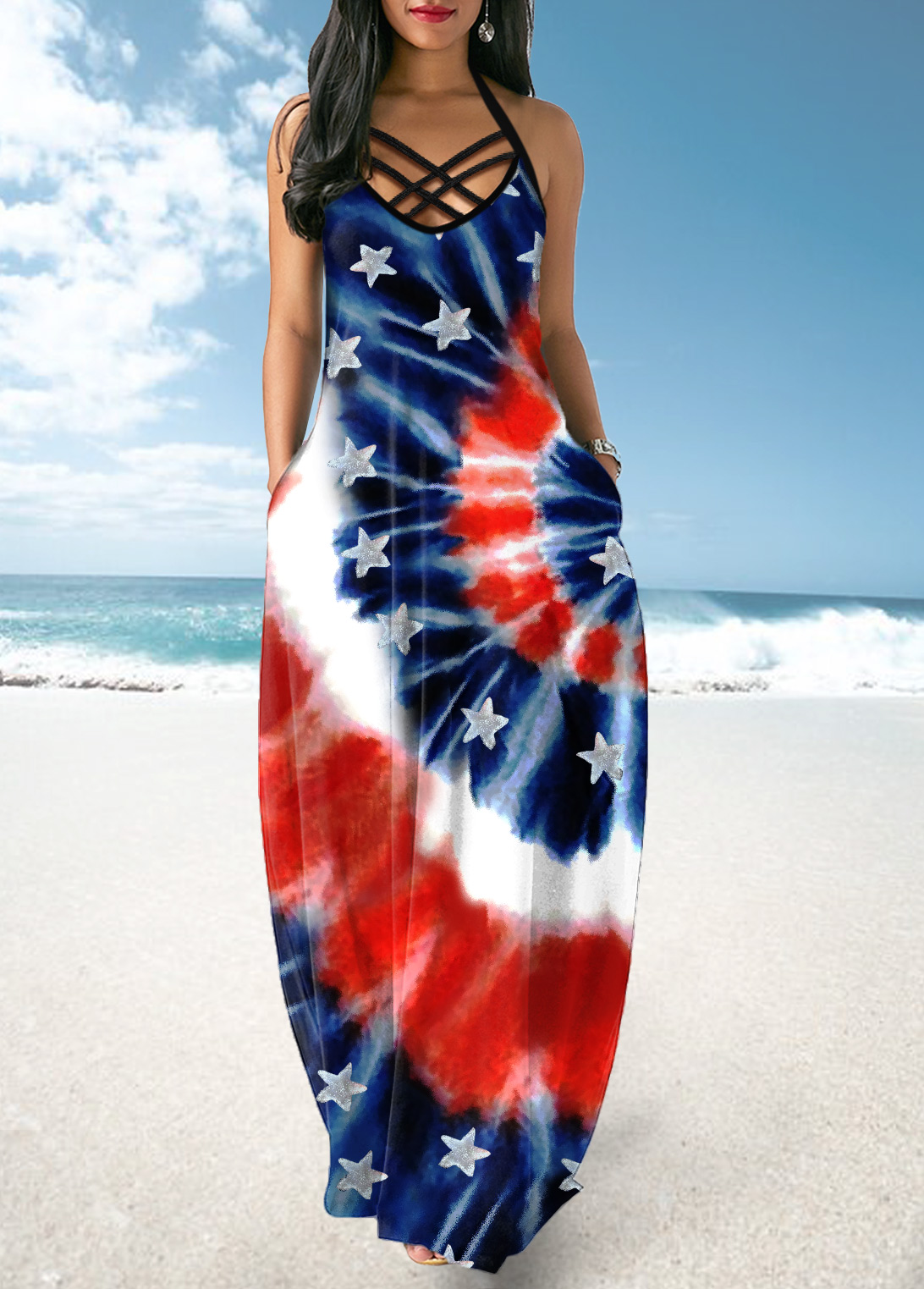 Tie Dye and American Flag Print Cross Strap Maxi Dress