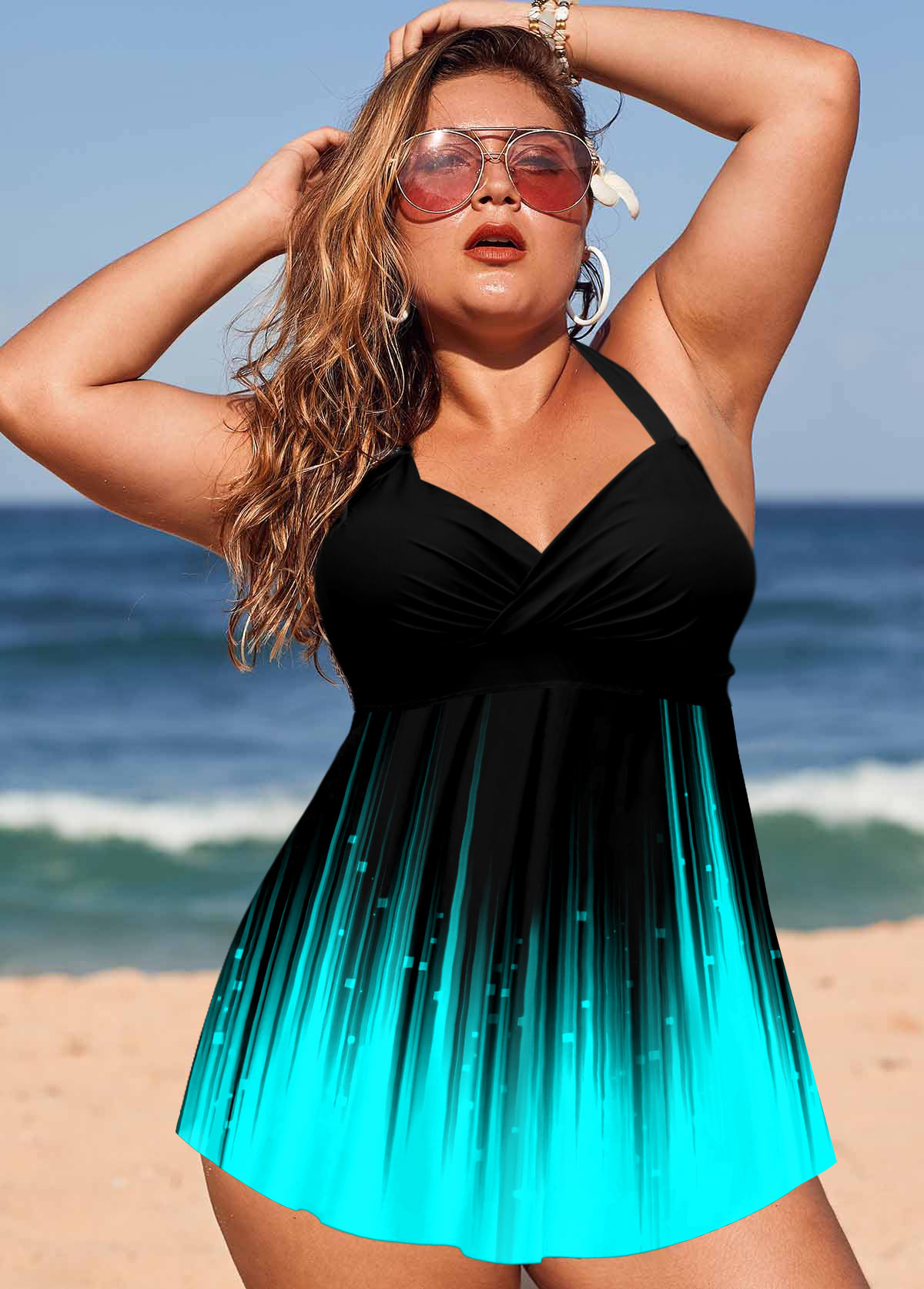 Plus Size Ombre Printed Swimdress and Panty