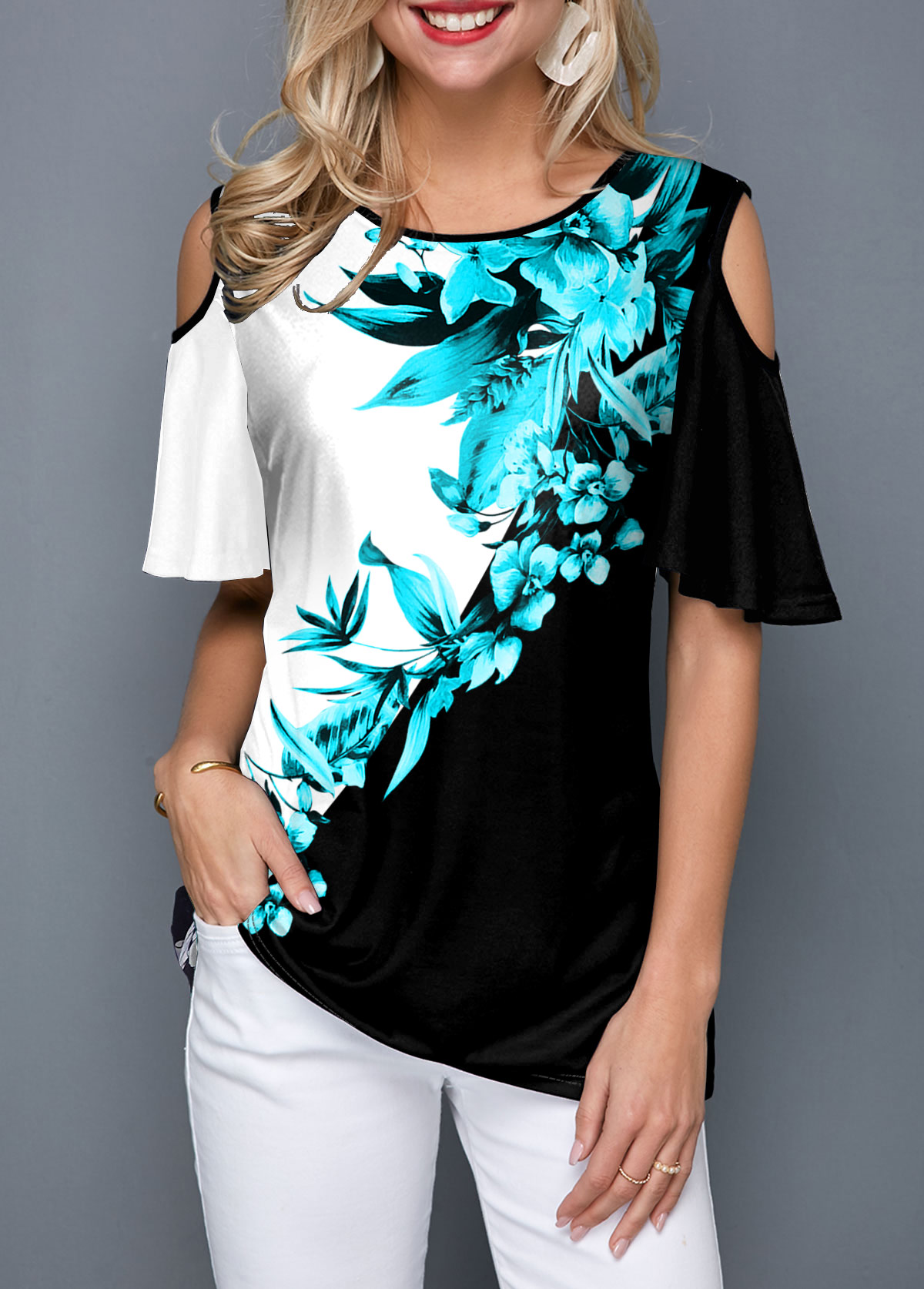 Cold Shoulder Color Block Plant Print T Shirt