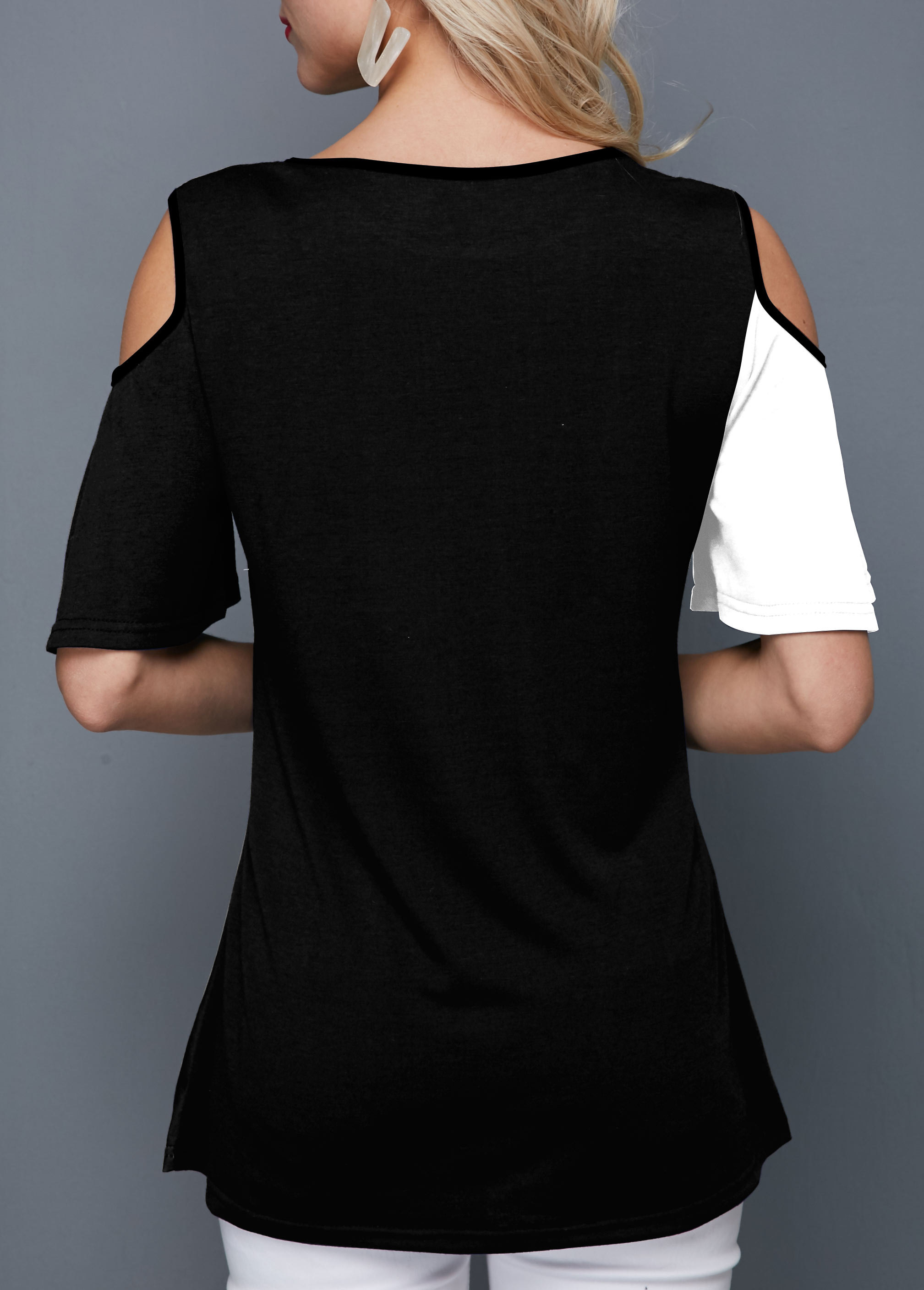 Cold Shoulder Color Block Plant Print T Shirt