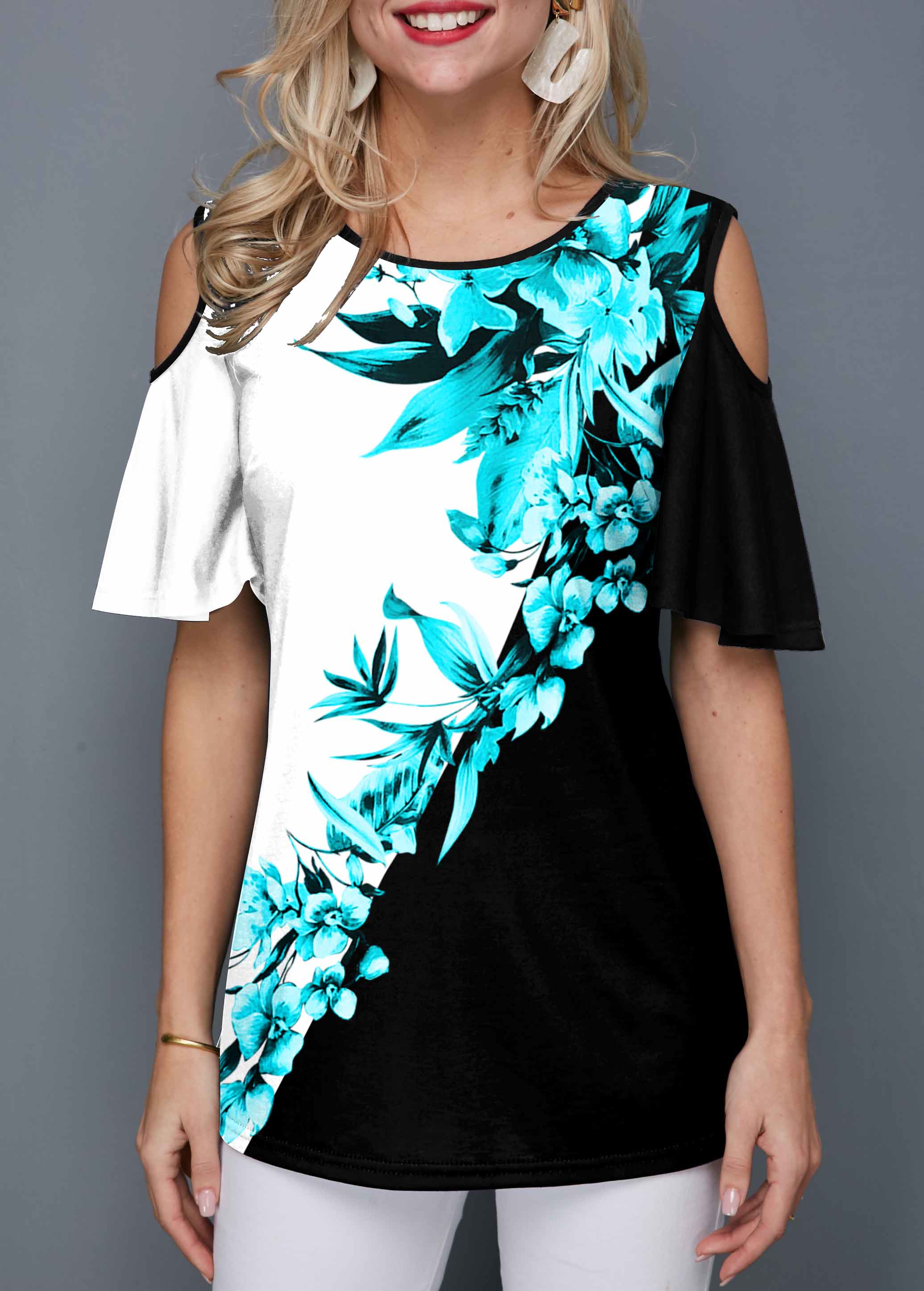Cold Shoulder Color Block Plant Print T Shirt