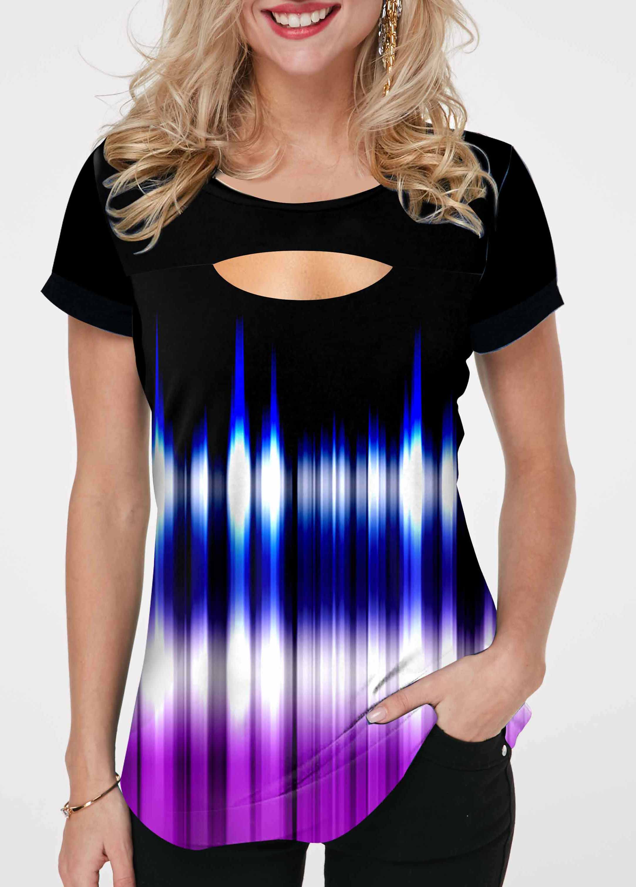 Short Sleeve Colorful Cutout Neck T Shirt