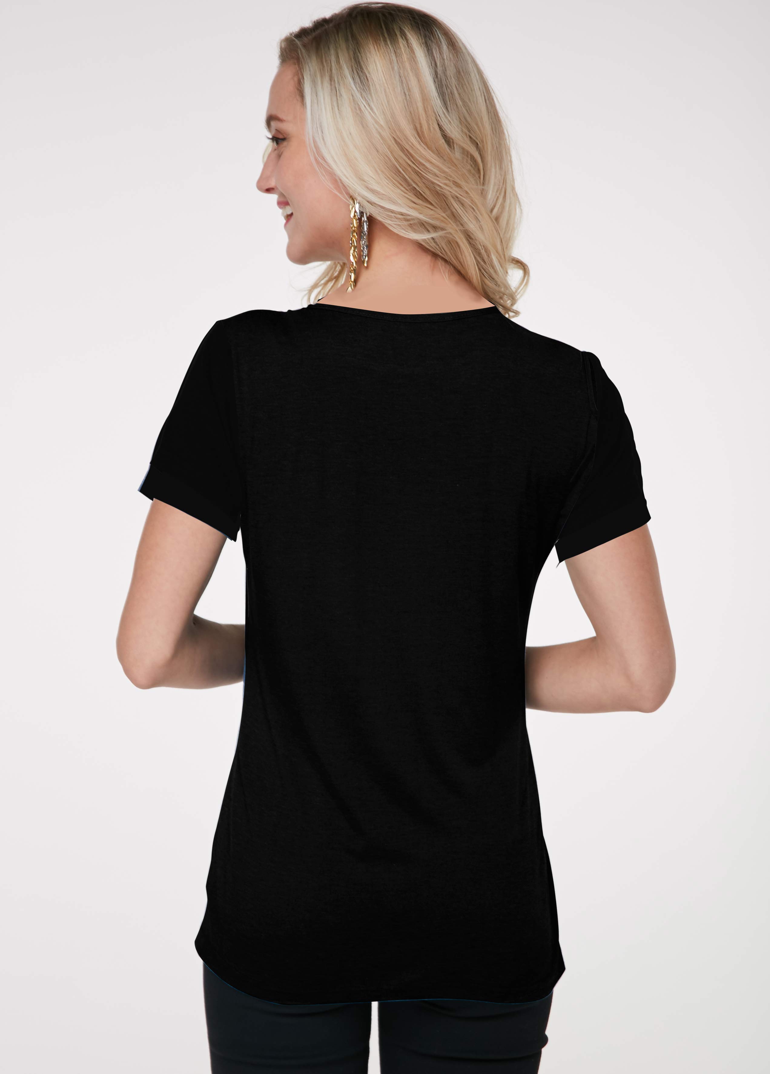 Short Sleeve Colorful Cutout Neck T Shirt