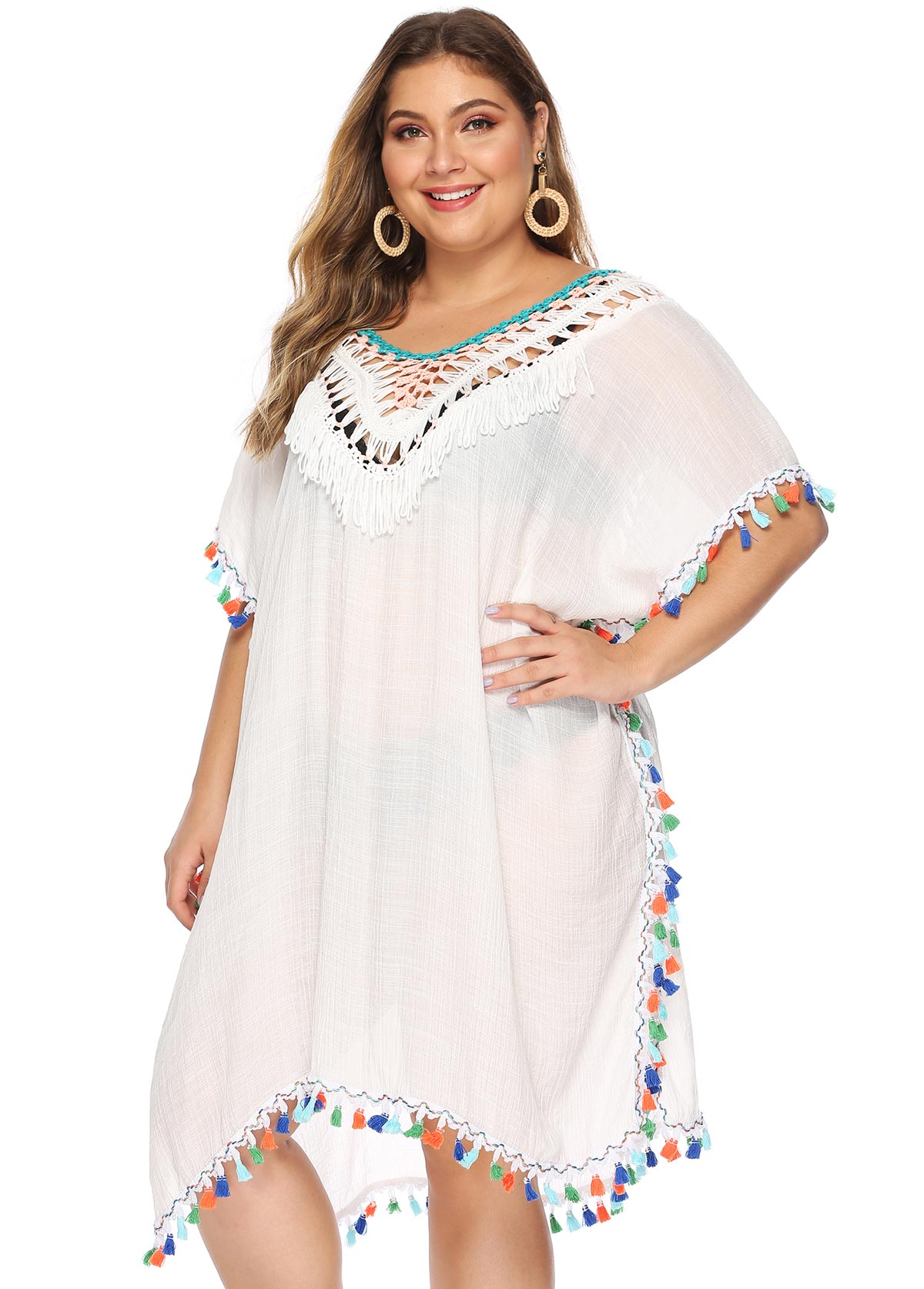 Plus Size Colorful Tassel Tie Back Cover Up