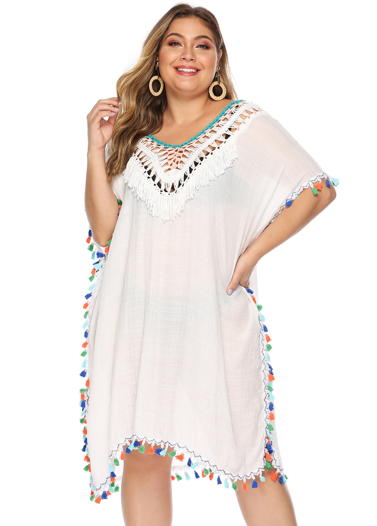 Plus Size Colorful Tassel Tie Back Cover Up