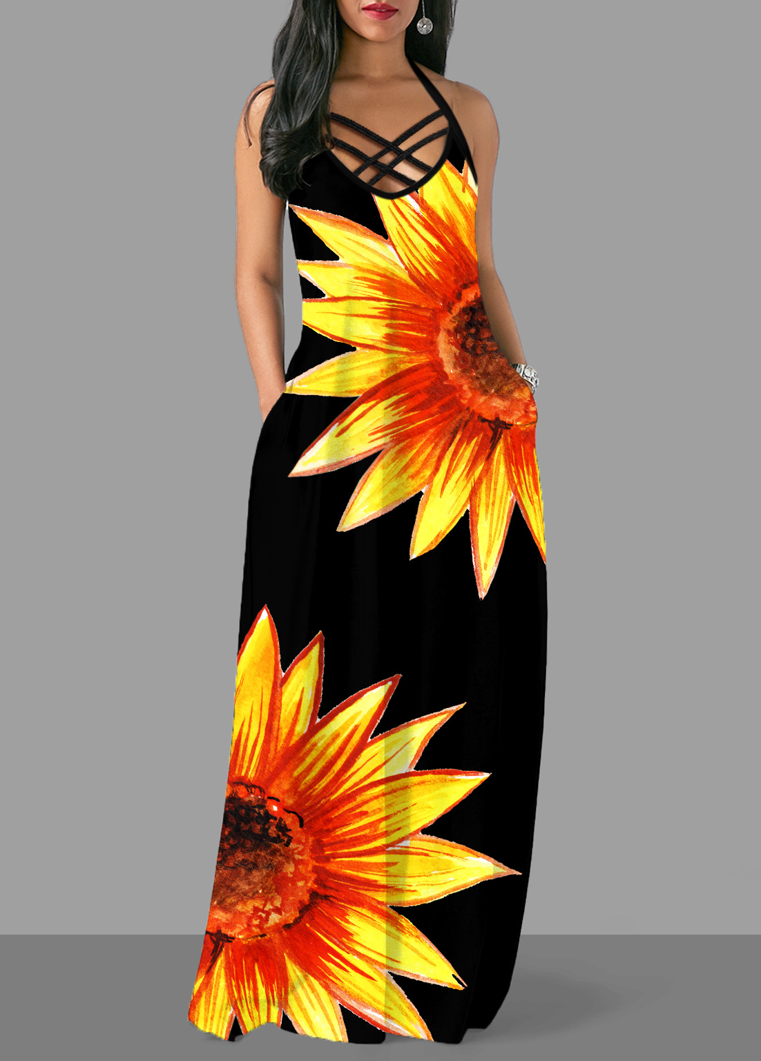Halter Sunflower Print Cross Strap Dress