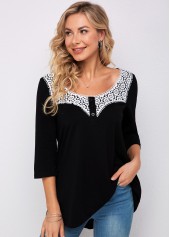 Decorative Button Lace Stitching 3/4 Sleeve T Shirt