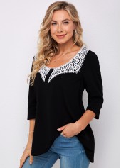 Decorative Button Lace Stitching 3/4 Sleeve T Shirt