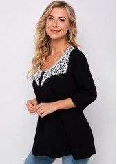 Decorative Button Lace Stitching 3/4 Sleeve T Shirt