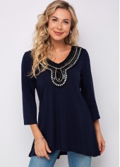 Navy Blue Embellished Neck 3/4 Sleeve T Shirt