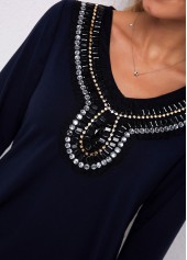 Navy Blue Embellished Neck 3/4 Sleeve T Shirt