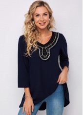 Navy Blue Embellished Neck 3/4 Sleeve T Shirt