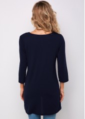 Navy Blue Embellished Neck 3/4 Sleeve T Shirt