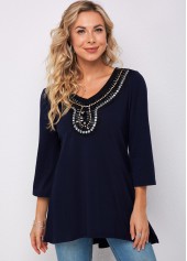Navy Blue Embellished Neck 3/4 Sleeve T Shirt