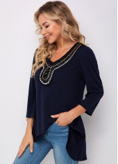 Navy Blue Embellished Neck 3/4 Sleeve T Shirt