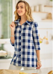 Turndown Collar Plaid Button Up Blouse