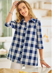Turndown Collar Plaid Button Up Blouse