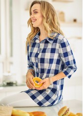 Turndown Collar Plaid Button Up Blouse