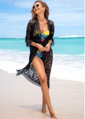 Drawstring Waist 3/4 Sleeve Lace Cover Up