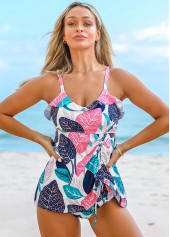 Spaghetti Strap Tropical Print Drawstring Side Tankini Set