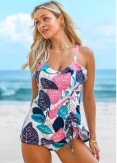Spaghetti Strap Tropical Print Drawstring Side Tankini Set