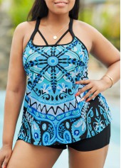 Plus Size Tribal Print Criss Cross Back Tankini Set