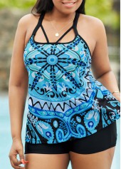 Plus Size Tribal Print Criss Cross Back Tankini Set
